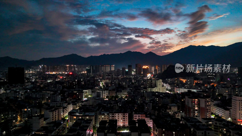 广东云浮城市夜幕降临航拍