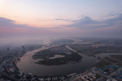 天津海河日出朝霞城市风光