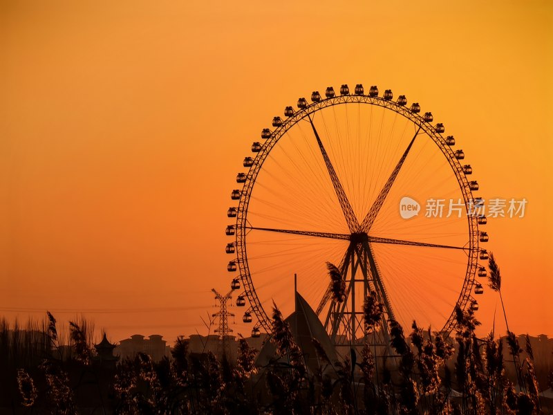 夕阳下的浪漫地标：湖畔摩天轮的金色剪影