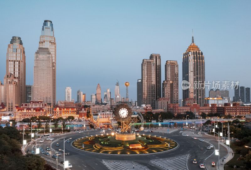 天津世纪钟广场海河城市风光夜景航拍