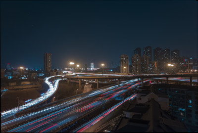 晚高峰天津立交桥车流街道交通夜景航拍