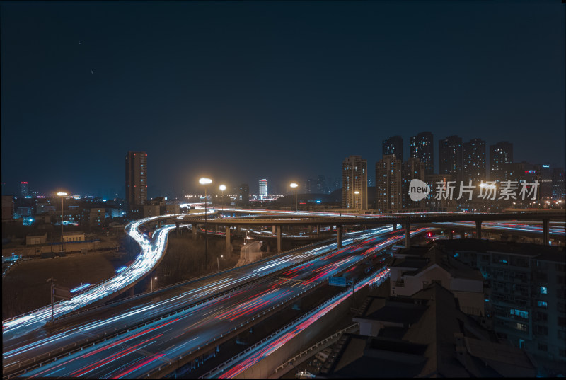 晚高峰天津立交桥车流街道交通夜景航拍