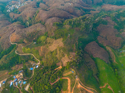 航拍山区乡村田园风光