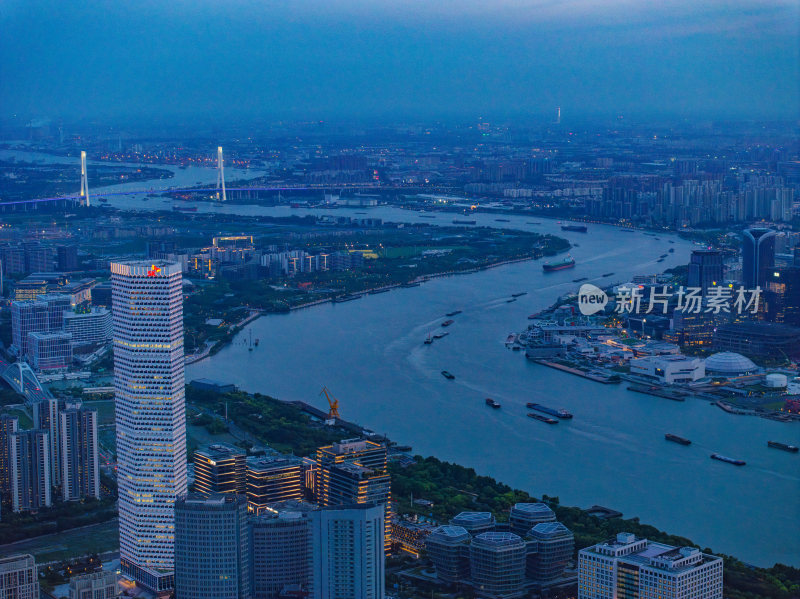 航拍上海城市夜景卢浦大桥世博园