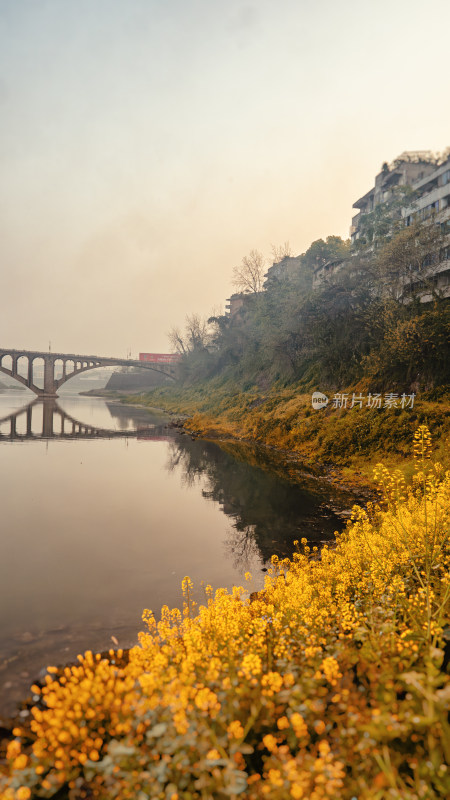 平静湖面上的城市倒影