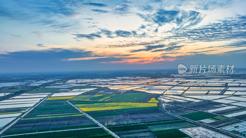 夕阳下湖北江汉平原的农田与鱼塘