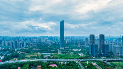 湖北武汉中心大厦附近阴云天气城市航拍