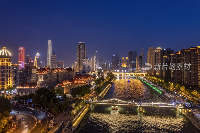 天津海河古文化街码头城市风光夜景航拍