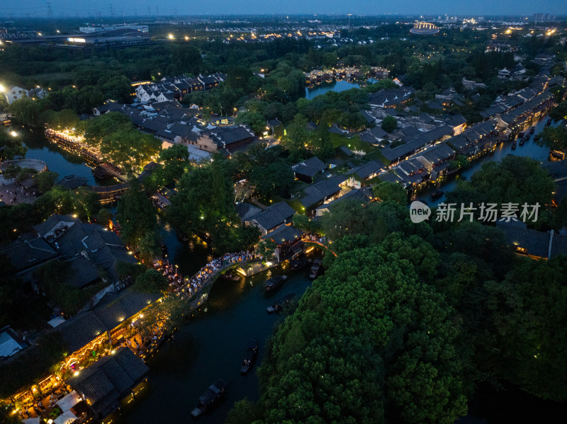 浙江嘉兴桐乡乌镇西栅景区江南水乡航拍夜景