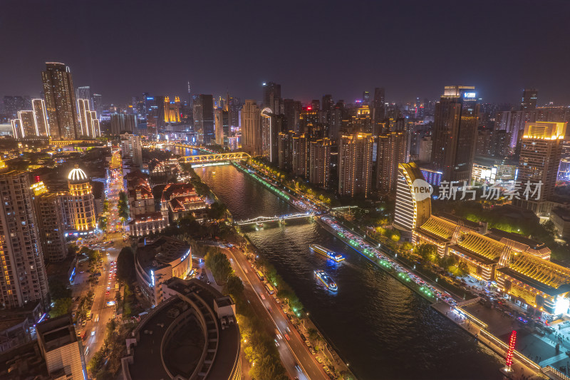 天津海河古文化街码头城市风光夜景航拍