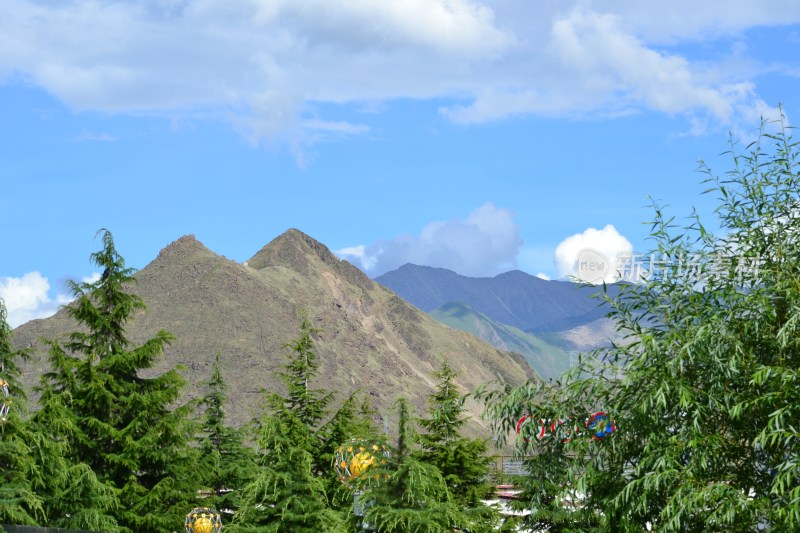 蓝天白云下的山景与绿植