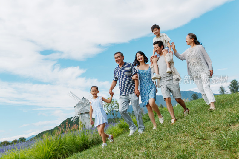 在草地上散步的幸福家庭