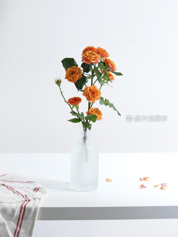 白色桌面上的插花玫瑰花