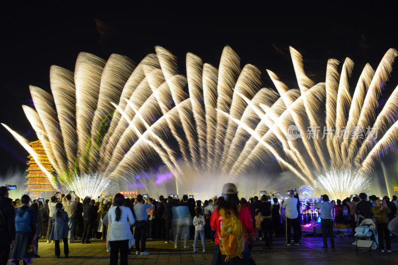 人群观赏夜景烟花表演