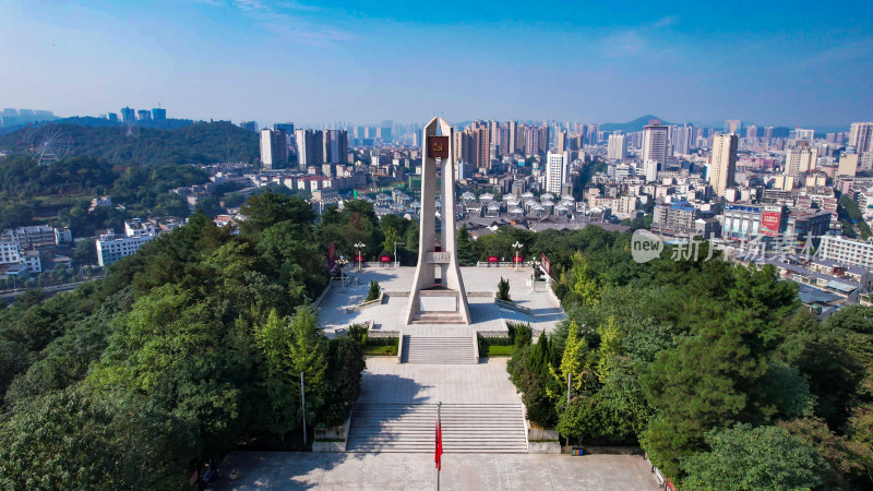 湖南郴州东塔公园湖南起义纪念塔航拍图