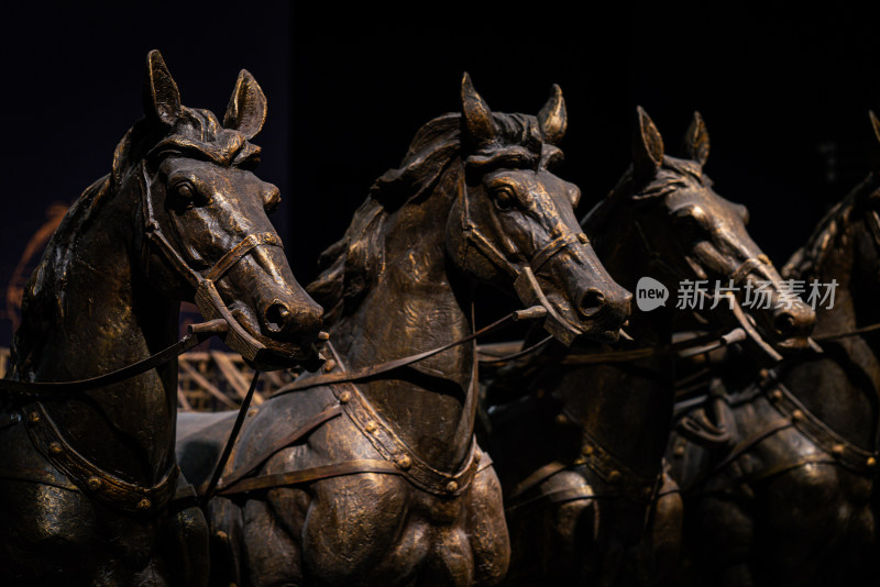 青铜马拉车雕塑特写