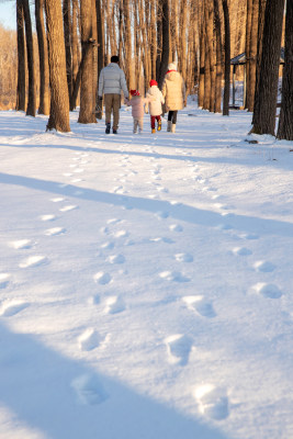 快乐家庭在雪地里散步