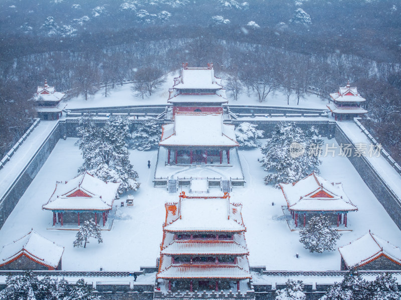 辽宁沈阳北陵公园清昭陵大雪中古建筑航拍