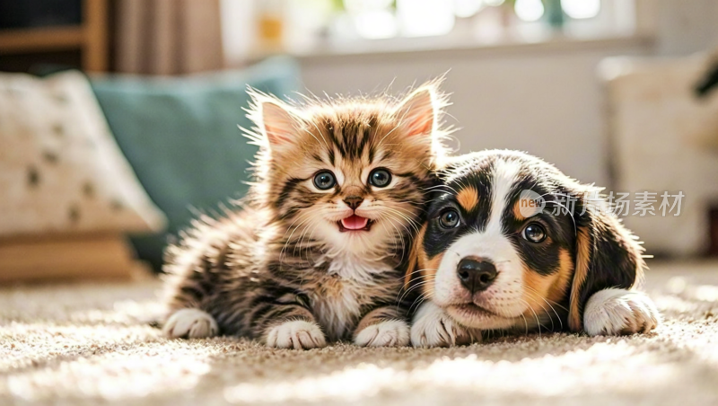 可爱的小猫与小狗依偎画面