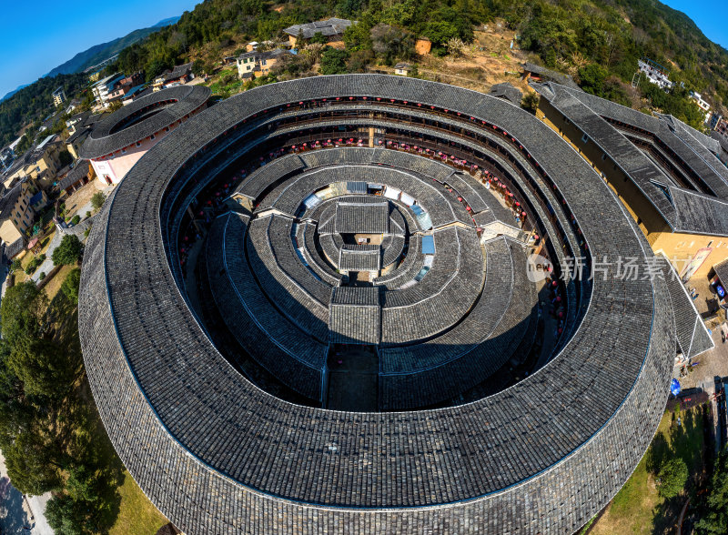 福建漳州永定客家土楼群建筑高空航拍