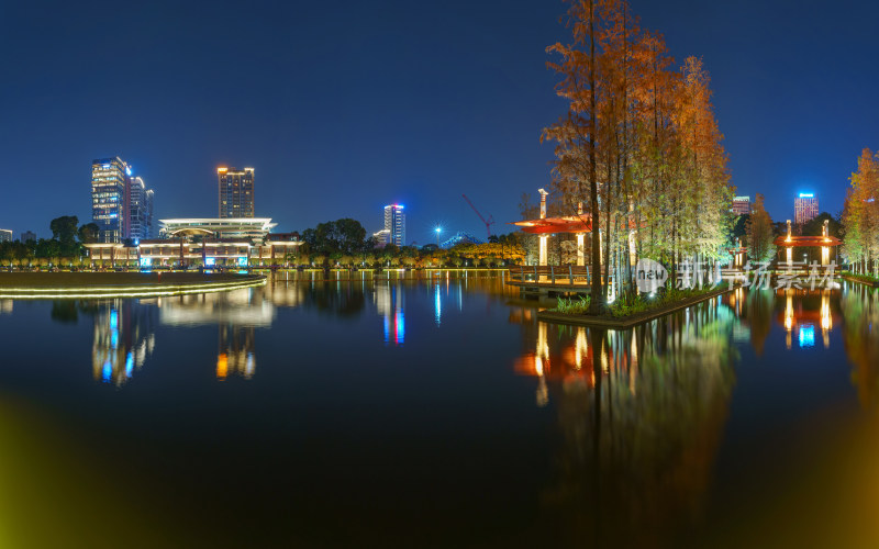 佛山千灯湖落羽杉红叶与城市夜景全景长图