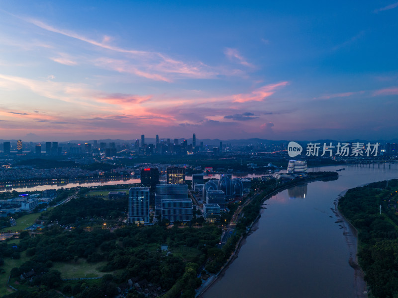 广州大学城生物岛日落夜景航拍