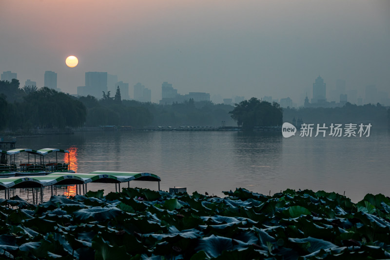 济南大明湖风景区雾色日出景点景观城市风光