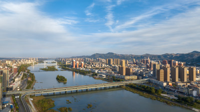 河南宜阳县城河流两岸楼房经济发展航拍