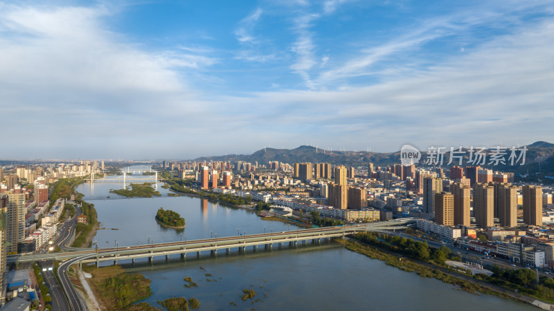 河南宜阳县城河流两岸楼房经济发展航拍