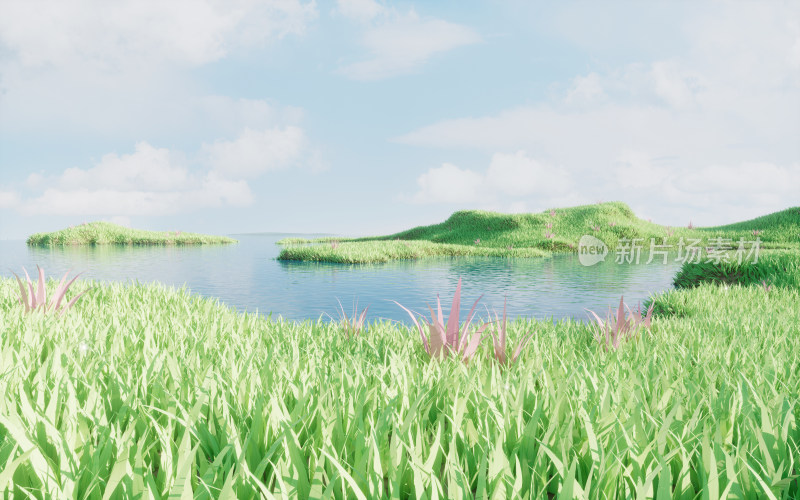 茂盛的草地与湖泊3D渲染