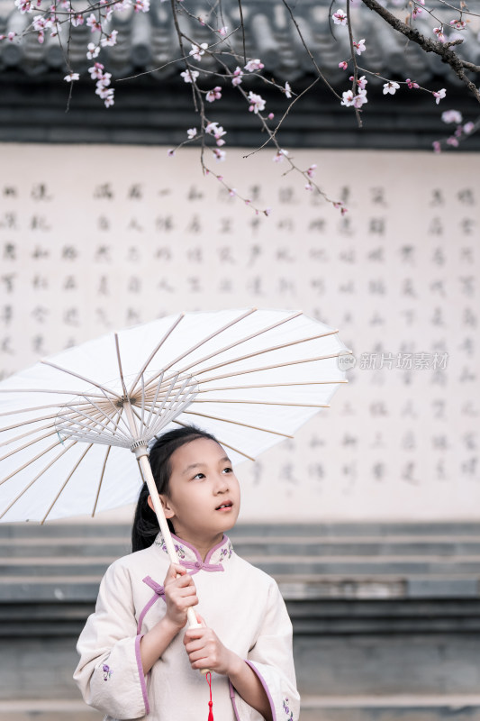 在盛开的桃花树下撑伞的中国女孩
