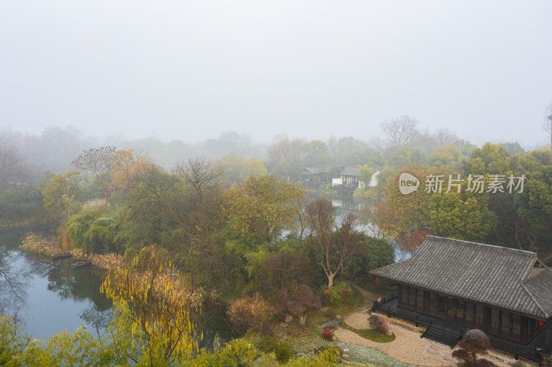 杭州西溪湿地公园秋天云雾航拍