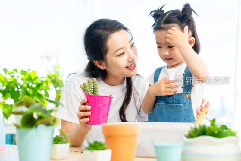 快乐的母女俩在家种植盆栽