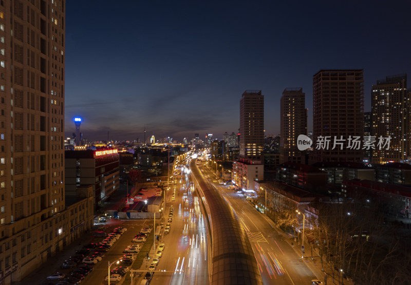 晚高峰天津立交桥车流街道交通夜景航拍