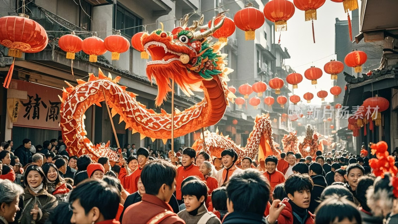 街头人群舞龙喜庆场景二月二龙抬头民俗活动