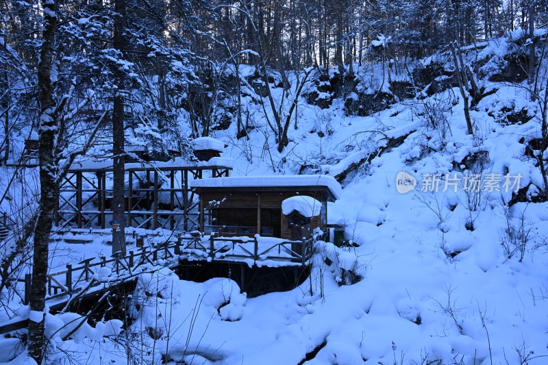 雪后森林中的木屋及栈道