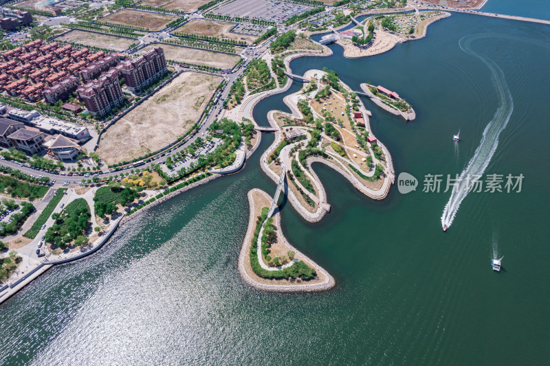 天津滨海新区生态城南湾公园自然风光航拍