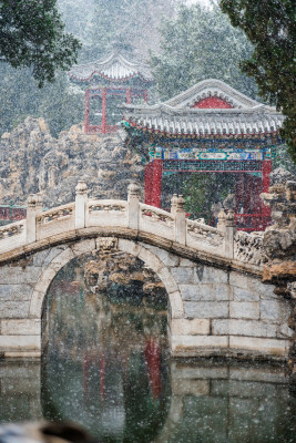 初春中国北京北海公园中式园林里飘落的雪花