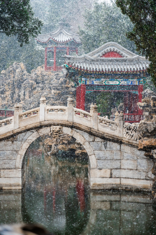 初春中国北京北海公园中式园林里飘落的雪花