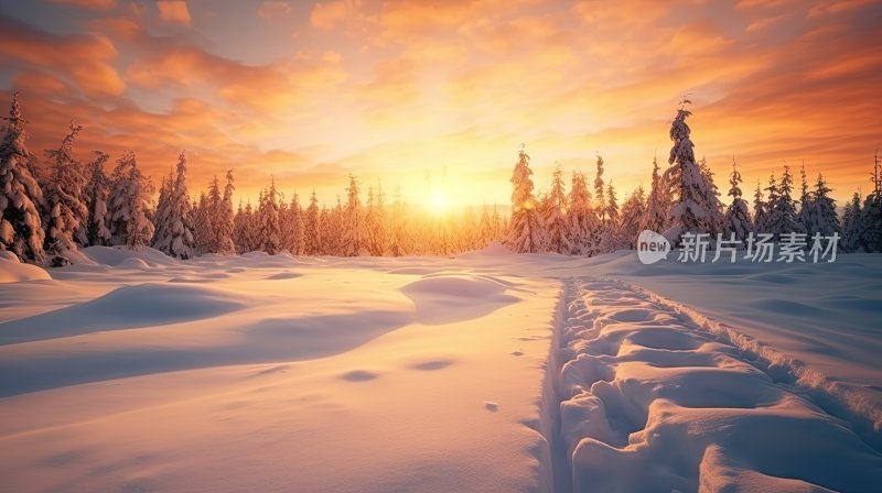 美妙的冬季景观，夕阳下的冬日森林