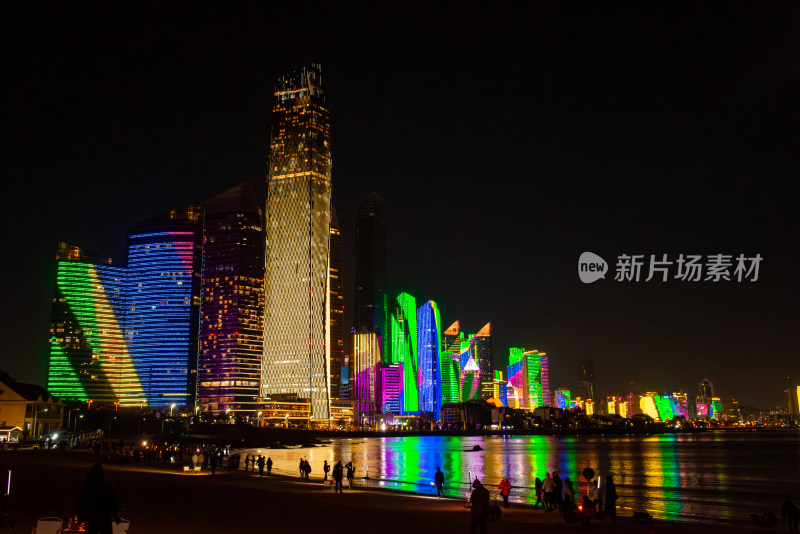 青岛第三海水浴场夜景高楼灯光秀风光