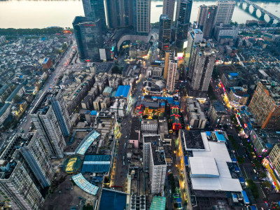 长沙黄兴路步行街夜幕降临夜景航拍