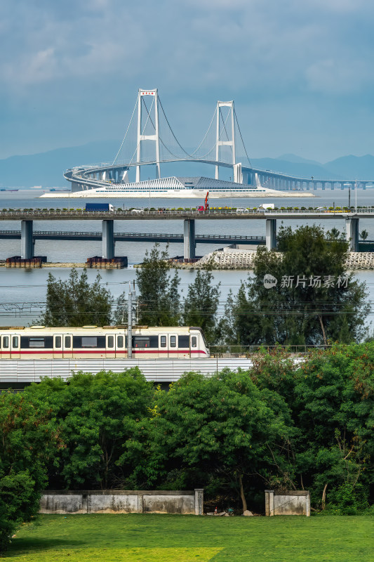 广东深圳跨海大桥与轻轨列车现代化交通枢纽