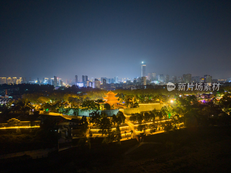 湖南岳阳楼景区岳阳楼夜景航拍