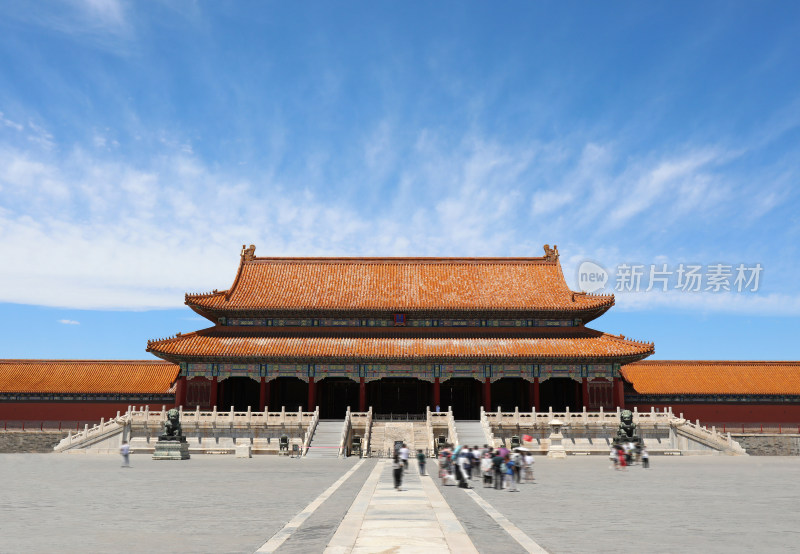 蓝天白云下巍峨的故宫太和殿中式古建筑
