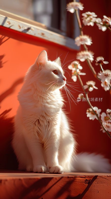 春日暖阳红墙白猫可爱猫咪晒太阳背景