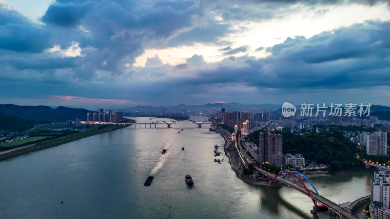 梧州西江晚霞夜景航拍图