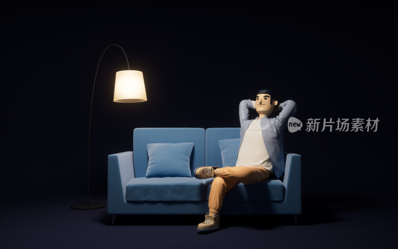沙发上坐着的卡通男子3D渲染