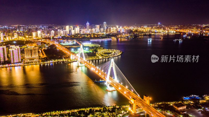 海南海口世纪大桥夜景航拍