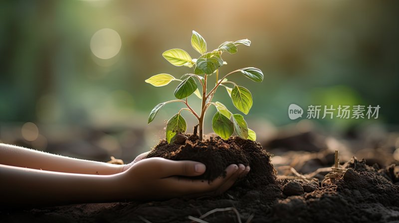 双手捧着树苗种植在土地中和环境保护